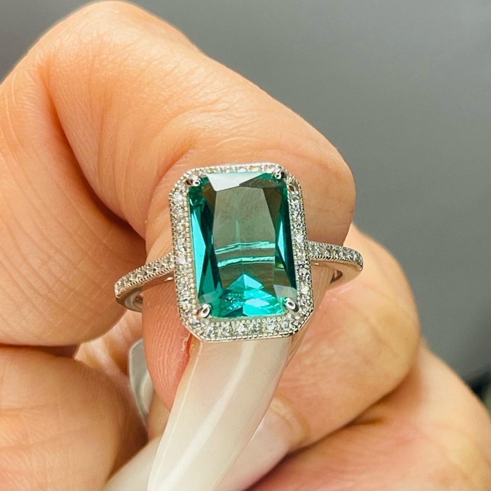 Solid 925 Silver Aquamarine Rectangle Stone Ring … - image 1